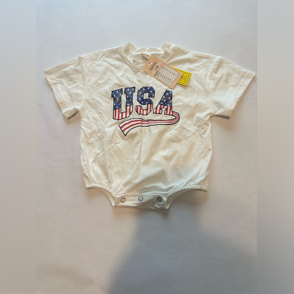 3-6M White Baby Bodysuit with USA Graphic - Red & Blue Print